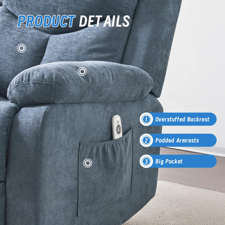 Sftaiyou Manual Rocker Recliner Chair for Adults with Vibration Massage,Glider Rocking Recliner Chairs for Living Room Bedroom Overstuffed Soft Reclining Sofa Chair with Pockets(Blue) Sftaiyou