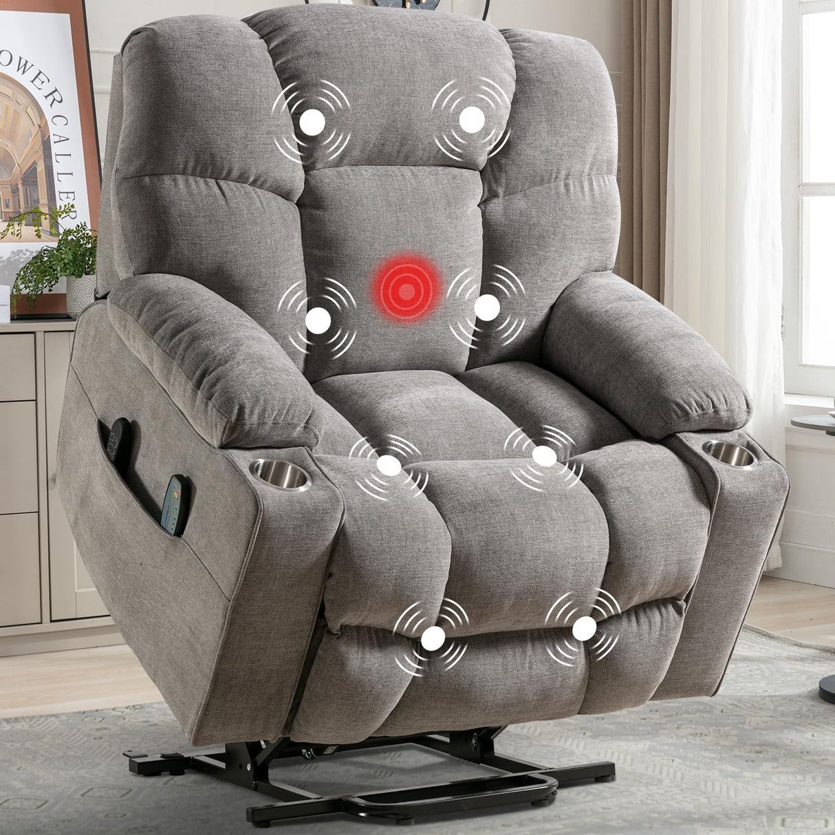 CANMOV Oversized Power Lift Recliner Chair for Elderly, Big and Tall Electric Recliner Chair with Massage and Heating, Dual Motor Heavy Duty Lift Recliner with USB Port, Cup Holders, Pockets, Grey CANMOV