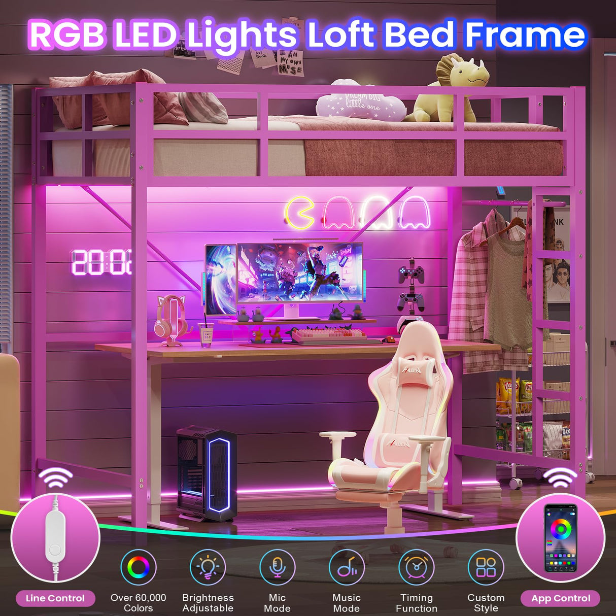 Hasuit Twin Metal Loft Bed with LED Lights, Loft Bed Twin Size with Full-Length Guardrail &Clothes Rack, Heavy Duty Loft Bed Twin Frame, Space-Saving, Noise Free, No Box Spring Needed, Pink Hasuit