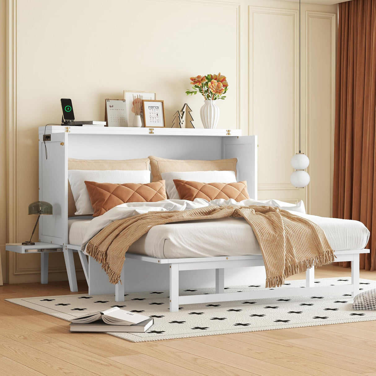 PVWIIK Queen Murphy Bed with Desk and Removable Shelves on Each Side, Murphy Bed Chest Murphy Bed Frame w/USB Port for Home Office, Studio or Guest Room,White PVWIIK