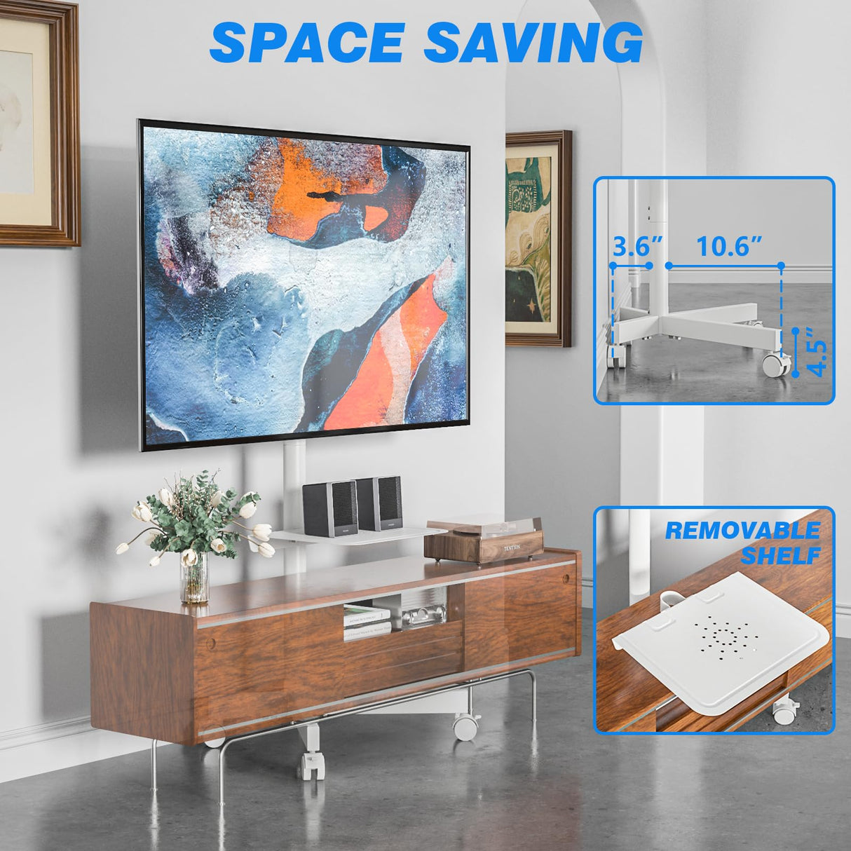 Rfiver Mobile TV Stand for 23-60 Inch LCD LED Flat/Curved Panel Screen TVs up to 88 lbs, Rolling TV Stand with Adjustable Shelf & Tilt, Portable Floor Stand on Wheels for Bedroom, Living Room, White Rfiver