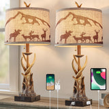 BOWOBO Antler Table Lamps Set of 2 for Bedroom, Farmhouse Rustic Antler Deer Bedside Lamps with USB A+C Ports for Living Room End Table Hunting Themed Cabin Lamp Pull Chain Linen BOWOBO