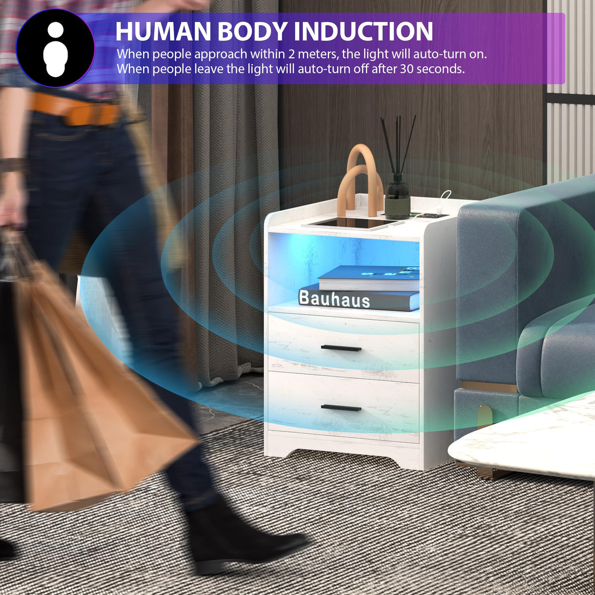 dnbss LED Nightstand with Wired/Wireless Charging Station, Night Stand with 24-Color RGB Lights, Modern Side Table, Smart Nightstands Bedside Table with Drawers for Bedroom, Wood White dnbss