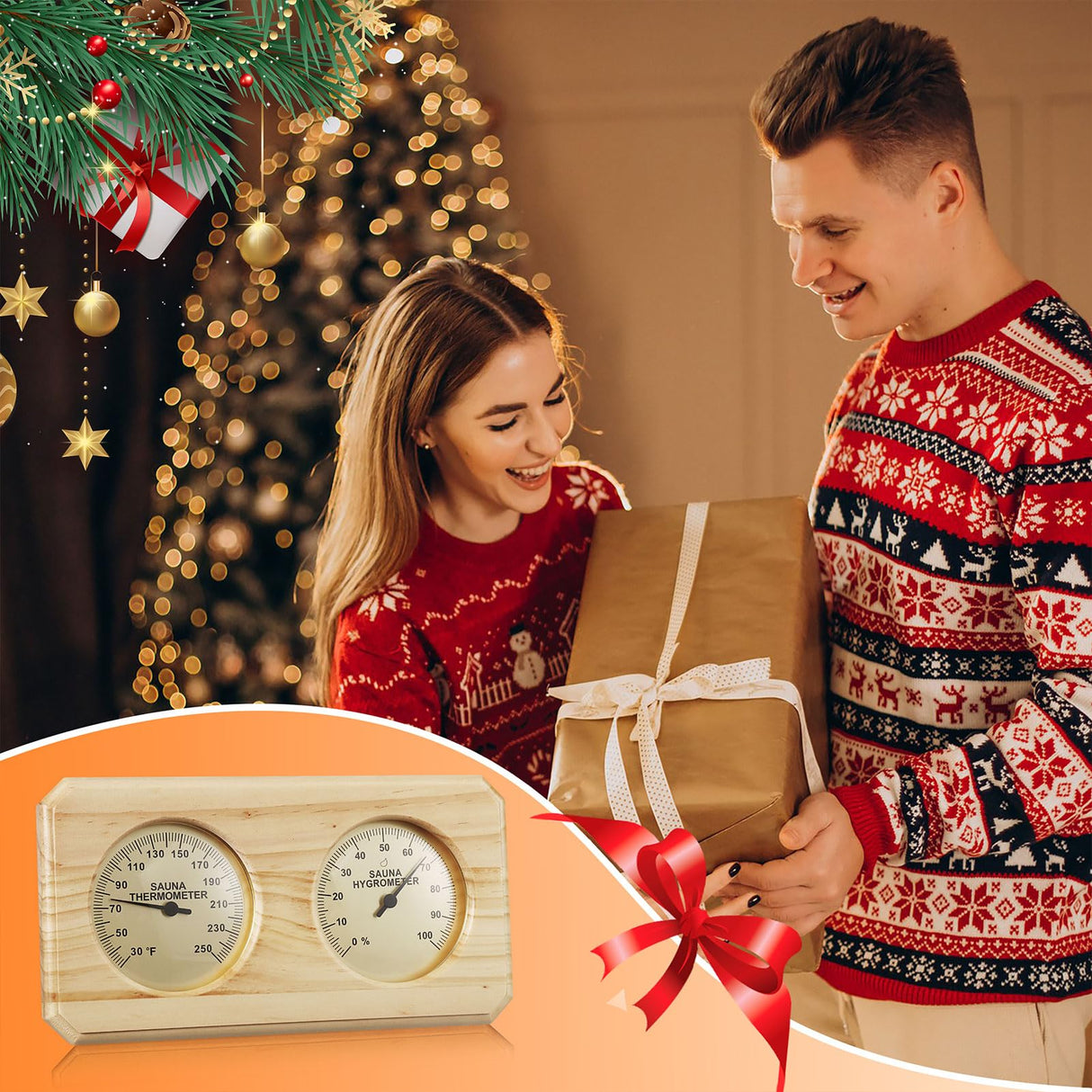 Foxyoo Sauna Thermometer Fahrenheit Hygrometer Gauge 2in1Indoor Home Sauna Thermostat,Sauna Accessories for Traditional Sauna,Barrel or Outside Infrared Sauna,Outdoor Sauna Room,Cedar Wood-Horizontal Foxyoo