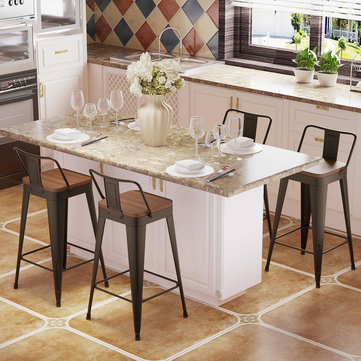 POINTANT Bar Stools Set of 4 Metal Bar Stool Counter Height Bar Stools Rusty, Modern 26" Bar Chairs with Back and Wooden Seat Bar Stool Counter Height POINTANT