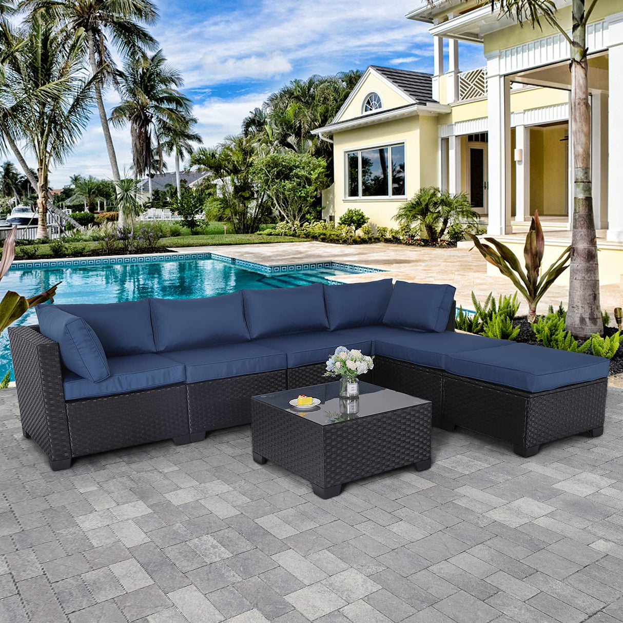 Lviden 7 Pieces Outdoor PE Wicker Furniture Set Patio Rattan Sectional Conversation Sofa Set with Navy Blue Cushions and Glass Top Table Lviden