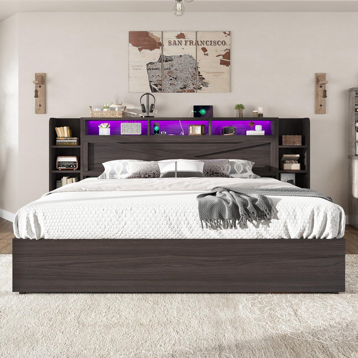 AMERLIFE King Size Lift Up Storage Bed Frame, 45.1" LED Bed Frame with 2 Side Shelves and Bookcase Headboard, Farmhouse Wood Platform Bed with Charging Station, No Box Spring Needed, Black AMERLIFE