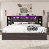 AMERLIFE King Size Lift Up Storage Bed Frame, 45.1" LED Bed Frame with 2 Side Shelves and Bookcase Headboard, Farmhouse Wood Platform Bed with Charging Station, No Box Spring Needed, Black AMERLIFE