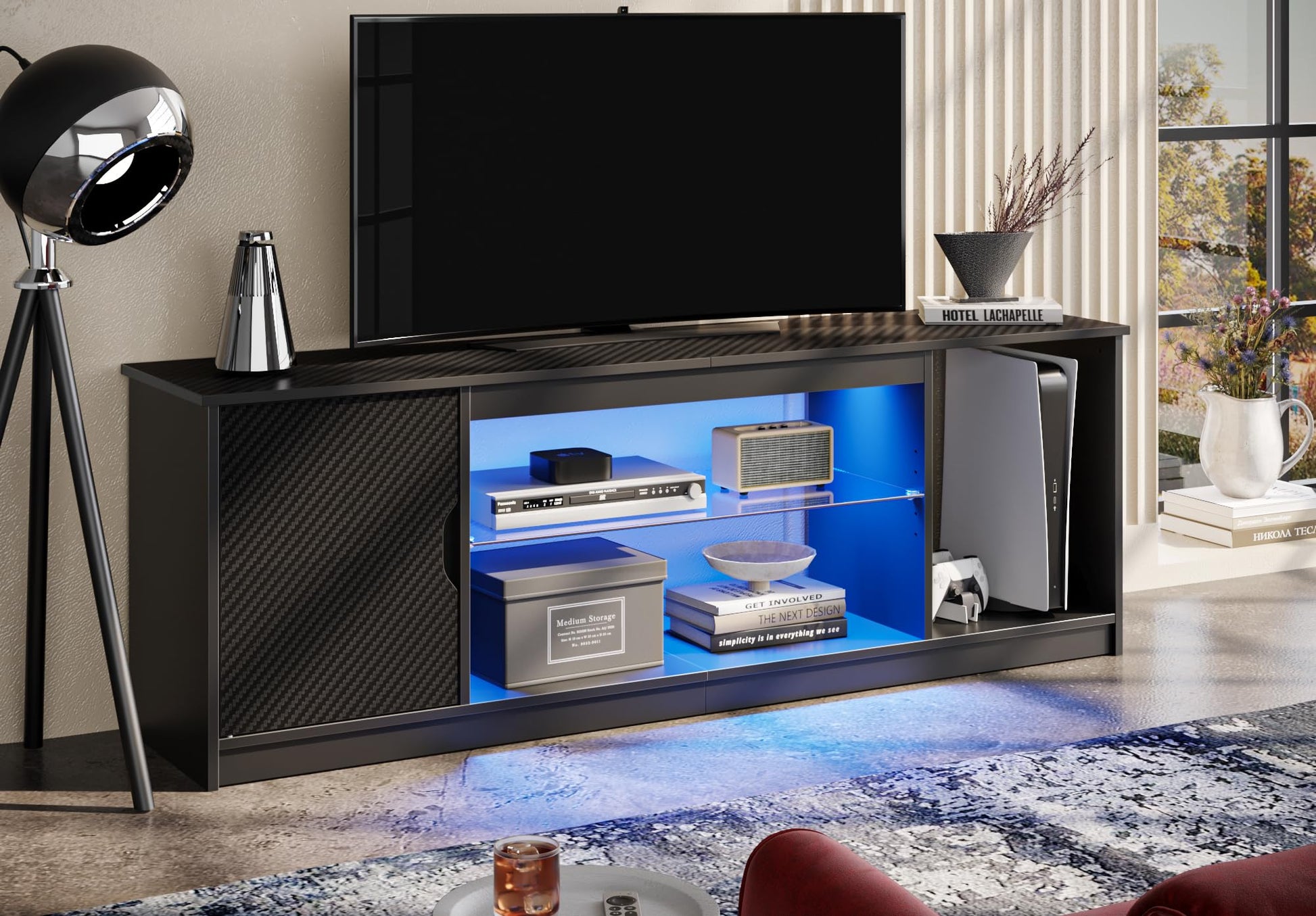 Bestier Led Entertainment Center for PS5, Gaming TV Stand with Cabinet for 60/65 Inch TV, Modern TV Console with Adjustable Glass Shelf for Living Room Easy Assembly Carbon Fiber Black - WoodArtSupply