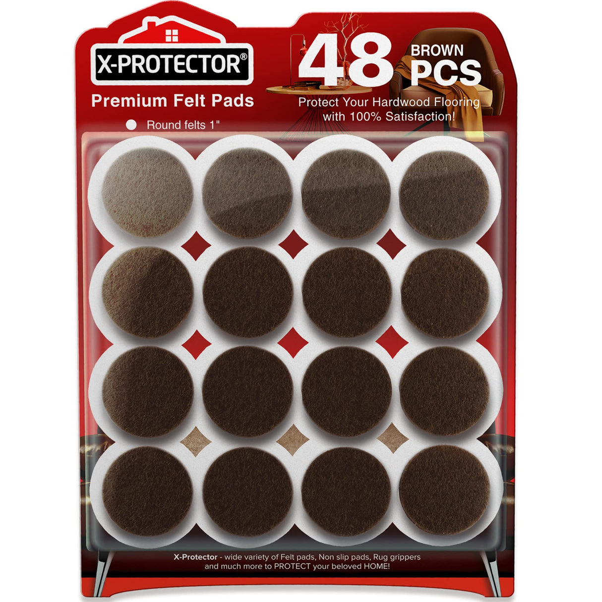 Felt Furniture Pads X-PROTECTOR - 48 Premium Floor Protector Chair Felts for Feet Wood Floors Best Hardwood Protect Your Hard Floors! (Brown) X-Protector