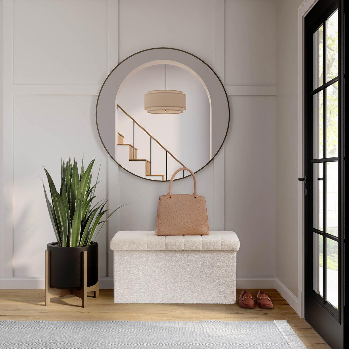 Seville Classics Cushioned Fabric Ottoman Hidden Storage Chest Footrest Chair, Padded Seat for Bedroom, Dorm, Loft, Living Room, Entryway, Hallway, White Boucle, 30" Bench Seville Classics