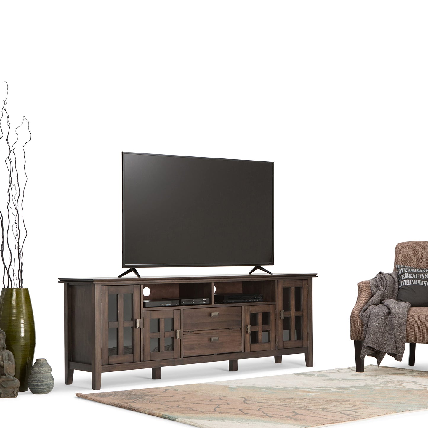 SIMPLIHOME Artisan SOLID WOOD 72 Inch Wide Transitional TV Media Stand in Natural Aged Brown for TVs up to 80 Inch, For the Living Room and Entertainment Center