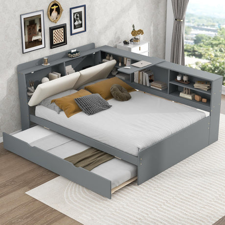 Harper & Bright Designs Full Size Daybed with Trundle and Storage Headboard, Wood L-Shaped Daybed with Shelves, Full Platform Bed Frame with L Shaped Beside Storage Bookcase, Gray Harper & Bright Designs