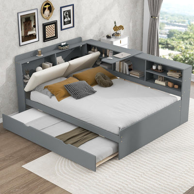 Harper & Bright Designs Full Size Daybed with Trundle and Storage Headboard, Wood L-Shaped Daybed with Shelves, Full Platform Bed Frame with L Shaped Beside Storage Bookcase, Gray