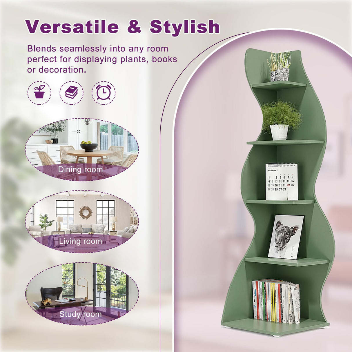 HIGREENA Corner Shelf, 5-Tier Corner Wall Shelf, Modern Corner Shelves Stand Bookcase, Small Display Storage for Living Room, Green HIGREENA