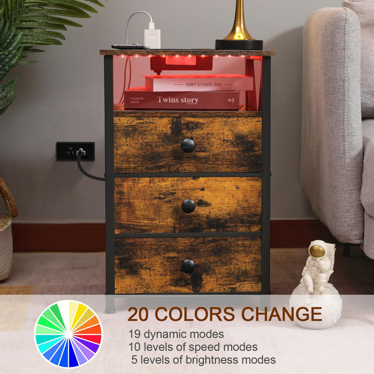 AMHANCIBLE Night Stand Set 2, LED Nightstand with Charging Station, End Side Tables with USB Port & Outlet, Bedside Tables with Fabric Drawers for Bedroom Living Room, Rustic Brown HET053LBR AMHANCIBLE