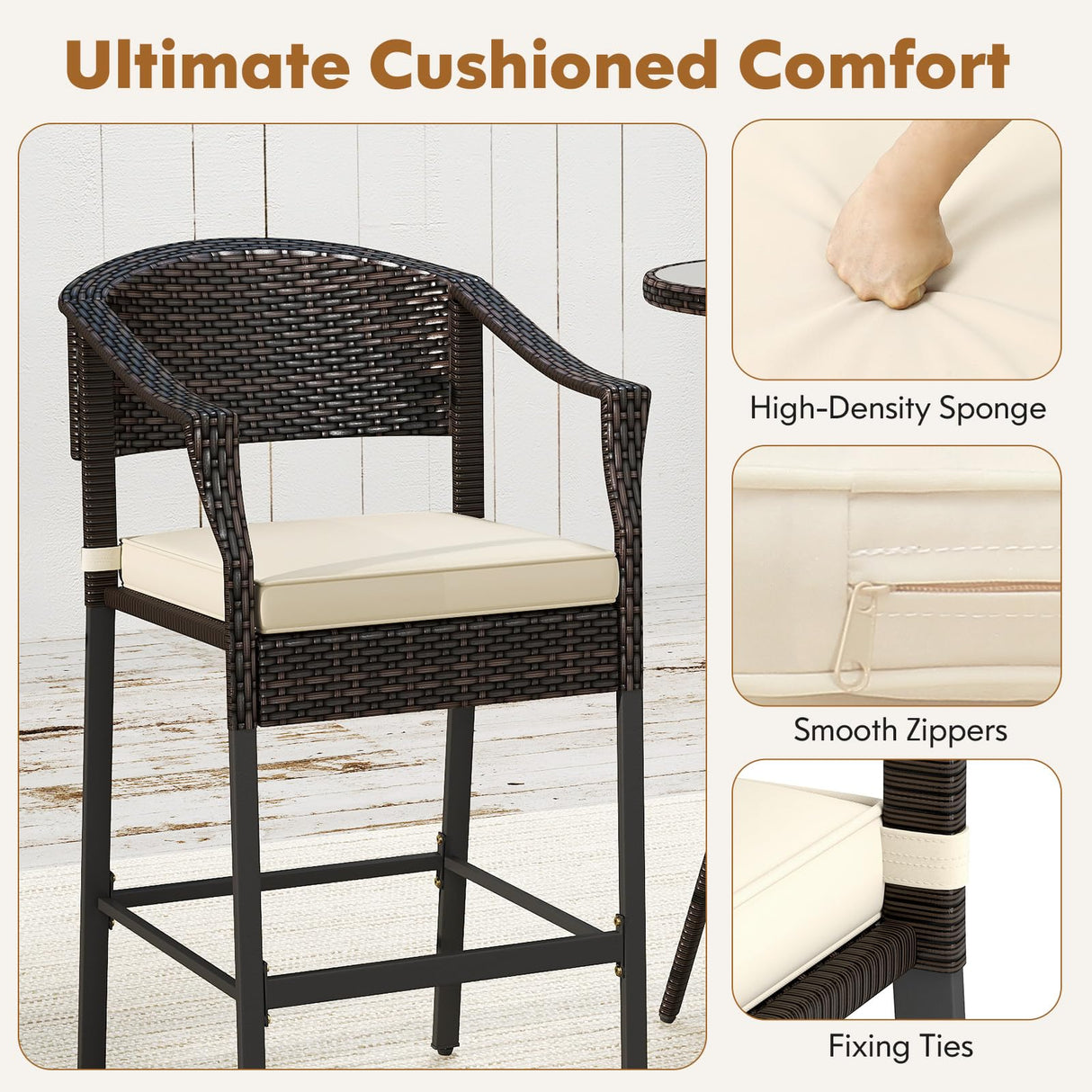 RELAX4LIFE 3-Piece Outdoor Bar Set - Patio Wicker Rattan Bar Height Barstools w/Cushions, Footrest, Round Glass Top Table, High Top Bistro Table & Chairs Set of 2 for Pool Porch Balcony (Brown-Beige) RELAX4LIFE