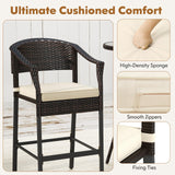 RELAX4LIFE 3-Piece Outdoor Bar Set - Patio Wicker Rattan Bar Height Barstools w/Cushions, Footrest, Round Glass Top Table, High Top Bistro Table & Chairs Set of 2 for Pool Porch Balcony (Brown-Beige) RELAX4LIFE