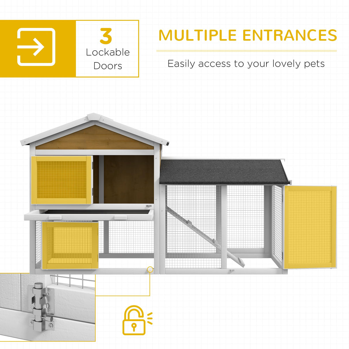 PawHut 58" Rabbit Hutch, Wooden Bunny Hutch, Guinea Pig Cage, Small Animal Enclosure with Run Area, Removable Tray, Asphalt Roof, Lockable Doors and Ramp, Nature Wood PawHut