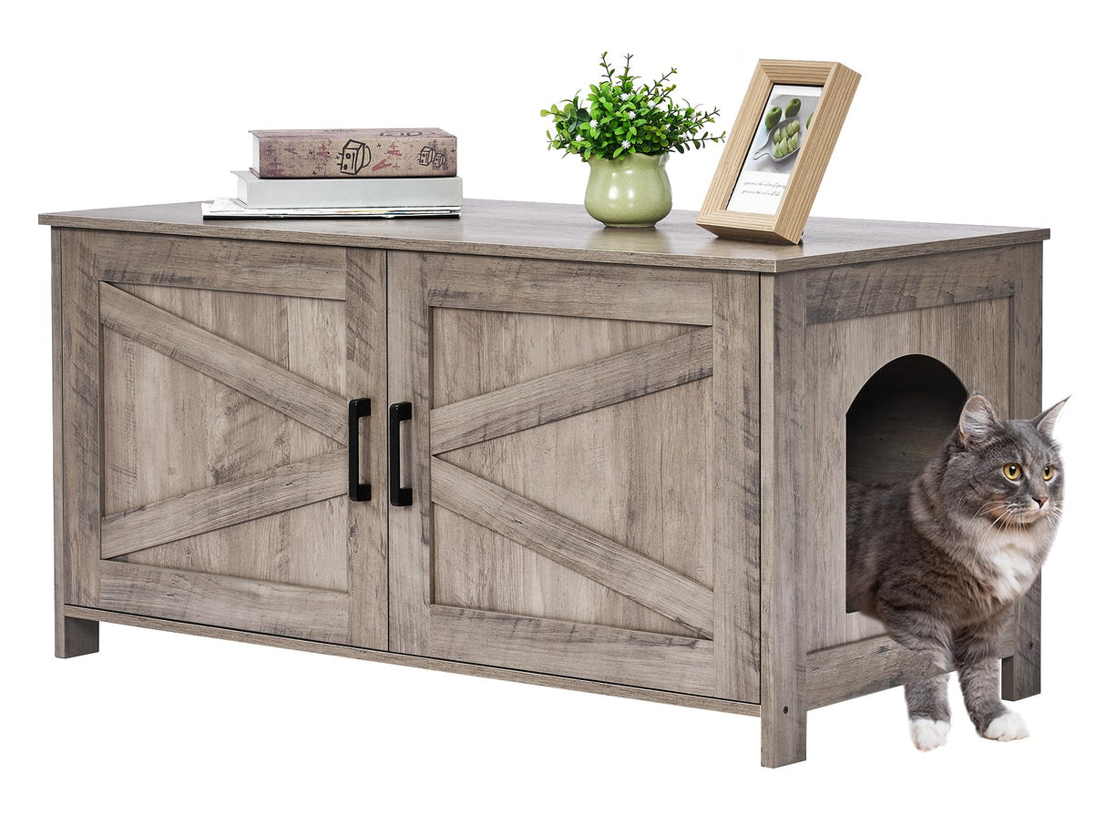 Homhedy 39.4" L Cat Litter Box Enclosure,Litter Box Furniture Hidden with Barn Door,Wooden Cat Washroom Furniture,Cat House,Fit Most of Litter Box, Greige Homhedy