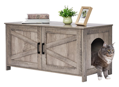 Homhedy 39.4" L Cat Litter Box Enclosure,Litter Box Furniture Hidden with Barn Door,Wooden Cat Washroom Furniture,Cat House,Fit Most of Litter Box, Greige