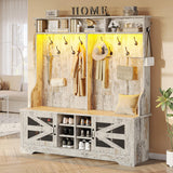 Itaar Hall Tree with Bench and Shoe Storage, 5-in-1 Entryway Bench with Coat Rack, 16 Shoe Cubbies & 12 Coat Hooks, Barn Door & Adjustable Shelf (Vintage White) Itaar