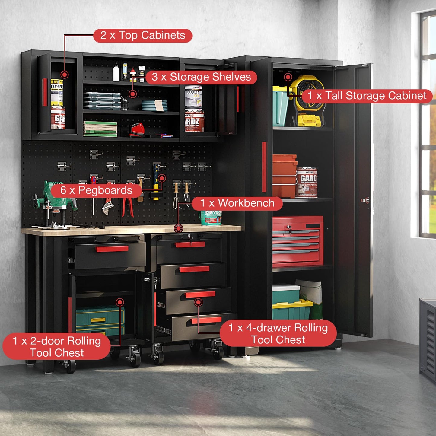 Goplus Garage Cabinets and Storage System, 6-Piece Garage Organization Cabinets Set with Rubber Wood Worktop, Pegboard, 2 Rolling Chests, Lockers, Tool Storage Chest for Workshop, 81.5” x 18. - WoodArtSupply