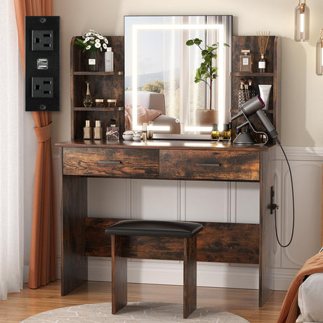 SMOOL Vanity with Lighted Mirror, Makeup Vanity Desk with Power Outlet, 3 Color Light Options Adjustable Brightness, Vanity Table with 6 Storage Shelves, 2 Large Drawers and Cushioned Stool, Rustic SMOOL