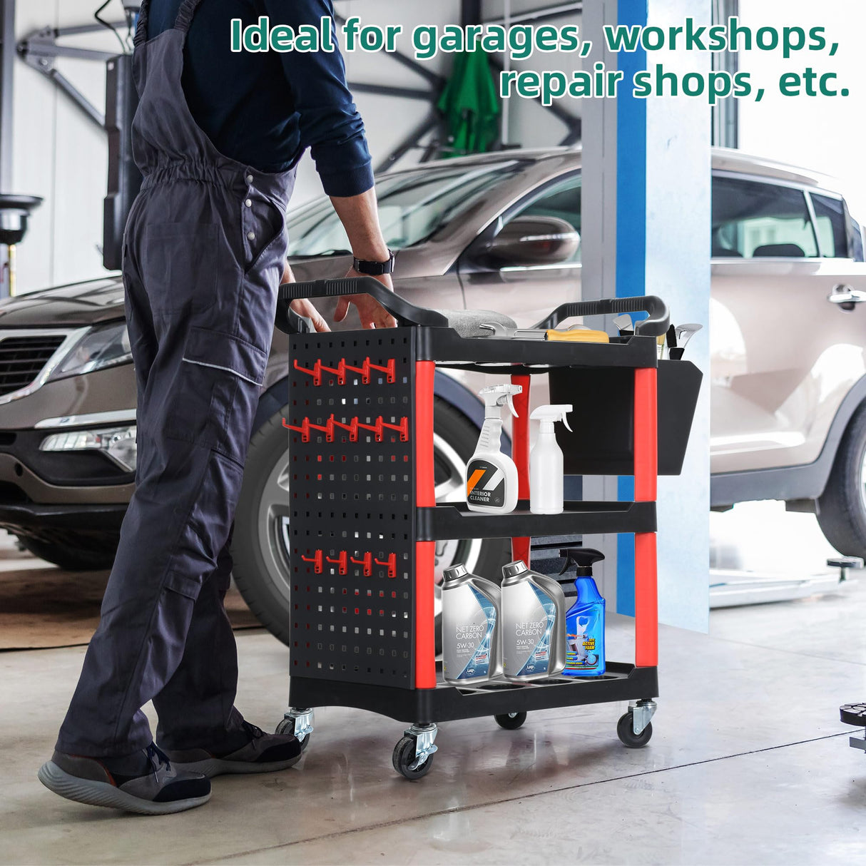 YITAHOME Auto Detailing Cart with Wheels, 3 Tier Rolling Detail Cart with Long Hanging Plate & Hooks & Hanging Bucket, Car Wash Organizer Cart for Detailers Garage, Workshop, Repair Shop, Storage Tool YITAHOME