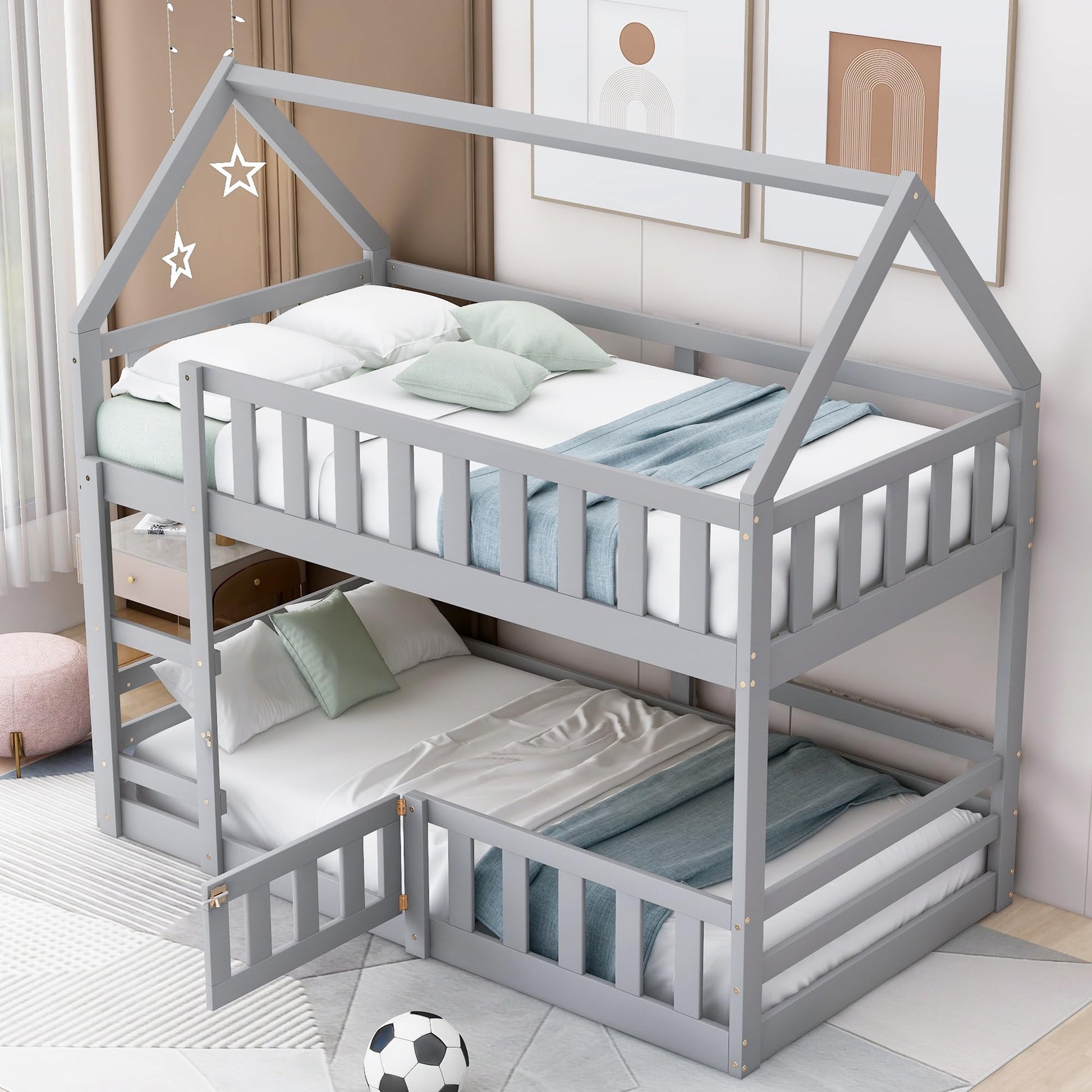 LZ LEISURE ZONE Grey Twin Over Twin Bunk Bed with House Design, Safety Fence, and Playful Door - WoodArtSupply