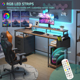 Lufeiya Computer Desk with Fabric File Drawers Cabinet, 55 Inch Home Office Desk with Shelves Monitor Stand, Study Writing Gaming Desks with Led Lights and Power Outlets for Bedroom, Rustic Brown Lufeiya