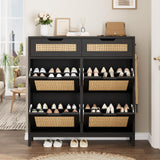Jocoevol Rattan Shoe Cabinet for Entryway with 4 Flip Drawers & 2 Top Drawers, Freestanding Narrow Shoe Storage Cabinet with Metal Legs for Foyer, Hallway (Black) Jocoevol