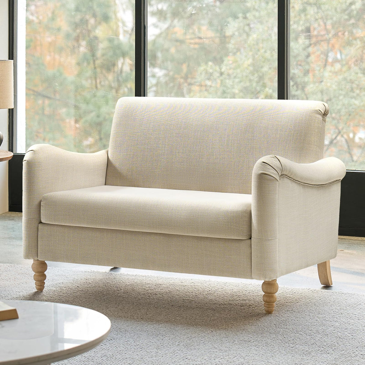 HULALA HOME 50.5" Loveseat Sofa with Stripe Pattern, 2 Seater Farmhouse Sofa with Rolled Wide Armrests and Rubber Wood Legs, Comfy Upholstered Small Couch for Living Room Bedroom, Linen HULALA HOME