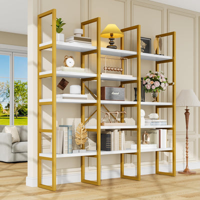 Semoic Large Bookshelf 5 Tiers, Triple Wide Geometric Bookcase, 71 Inches Tall Industrial Book Shelves Etagere Book Case, Sturdy Metal Frame, Freestanding Display Shelving Unit (Gold and White)