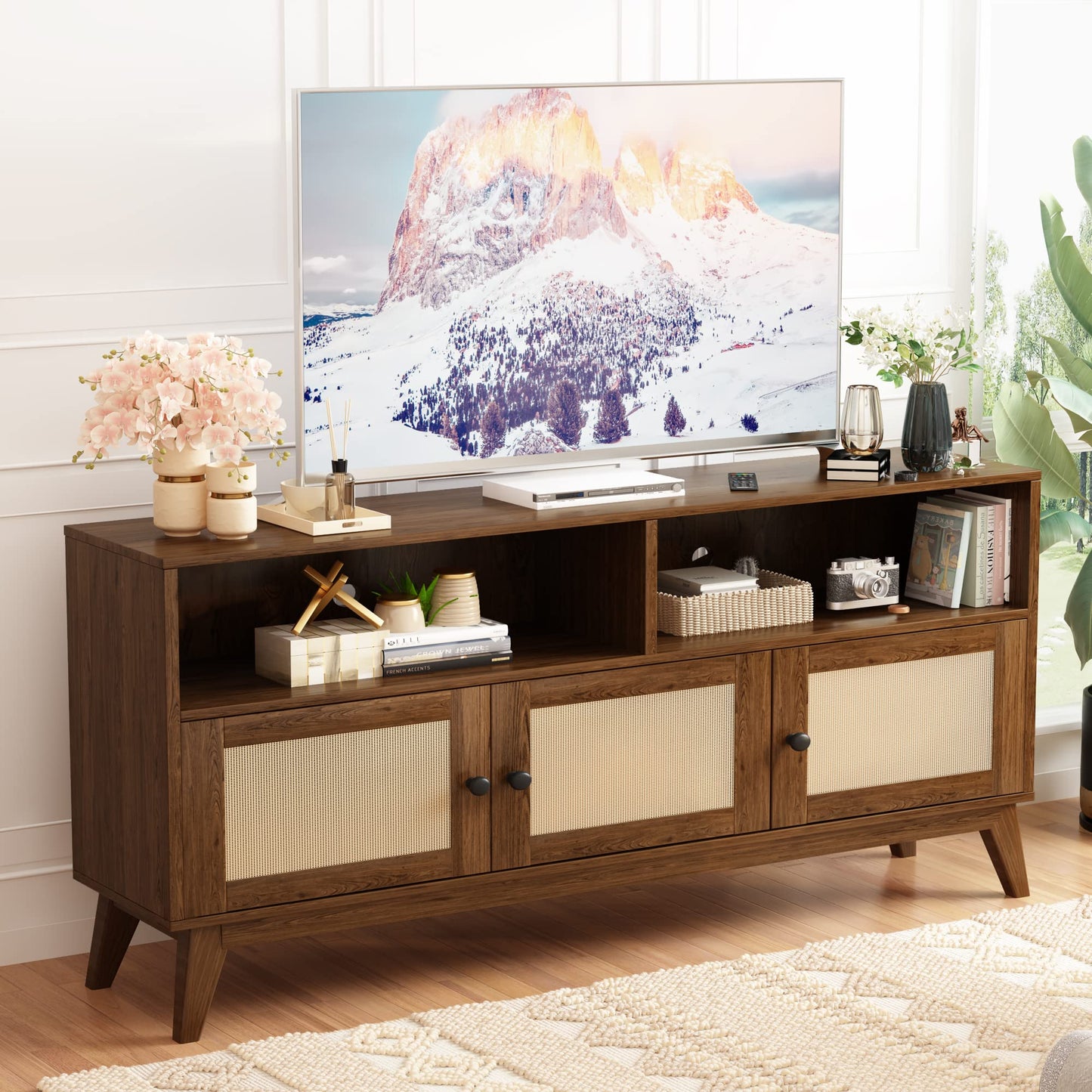 AWQM TV Stand for Living Room, Mid Century Modern TV Console, Rattan Entertainment Center with Storage and Open Shelves, Walnut - WoodArtSupply