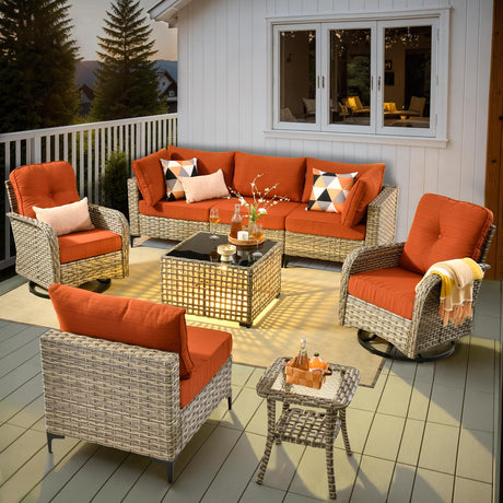HOOOWOOO Outdoor Patio Furniture Set,8 Pieces Wicker Out Door Sectional Furniture L Shaped Couch,Patio Conversation Sets with Swivel Rocking Chair LED Table,Brick Red HOOOWOOO