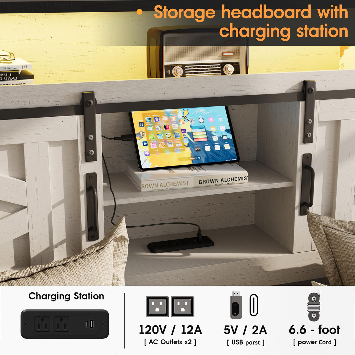 Fameill Farmhouse Full Bed Frame with LED Lights, Charging Station, and 4 Storage Drawers in Antique White Fameill