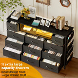 YGEOMER Black Dresser for Bedroom with Power Outlets and LED Lights 11 Drawers with Side Pocket, Fabric Drawers with PU Finish, Frame & Wood Top for 60inch TV Long Dresser Storage Organizer YGEOMER