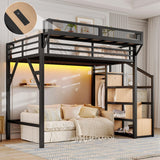 Bellemave Twin XL Loft Bed Frame with Storage Stairs, Beside Shelf & Wardrobe, Metal Loft Bed Twin XL with USB Ports & LED Light, Large Under-Bed Space Loft Beds for Adults, Teens, Kids, Black Natural Bellemave