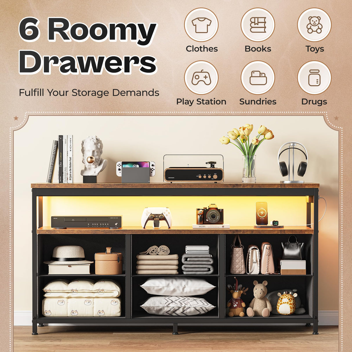 Huuger LED TV Stand for Bedroom, 47 Inch Dresser with Power Outlets, Entertainment Center for 55, 50, 43 Inch TV, 6 Drawer Dresser for Bedroom, Chest of Drawers with Shlef, PU Leather, Rustic Brown Huuger