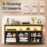 Huuger LED TV Stand for Bedroom, 47 Inch Dresser with Power Outlets, Entertainment Center for 55, 50, 43 Inch TV, 6 Drawer Dresser for Bedroom, Chest of Drawers with Shlef, PU Leather, Rustic Brown Huuger