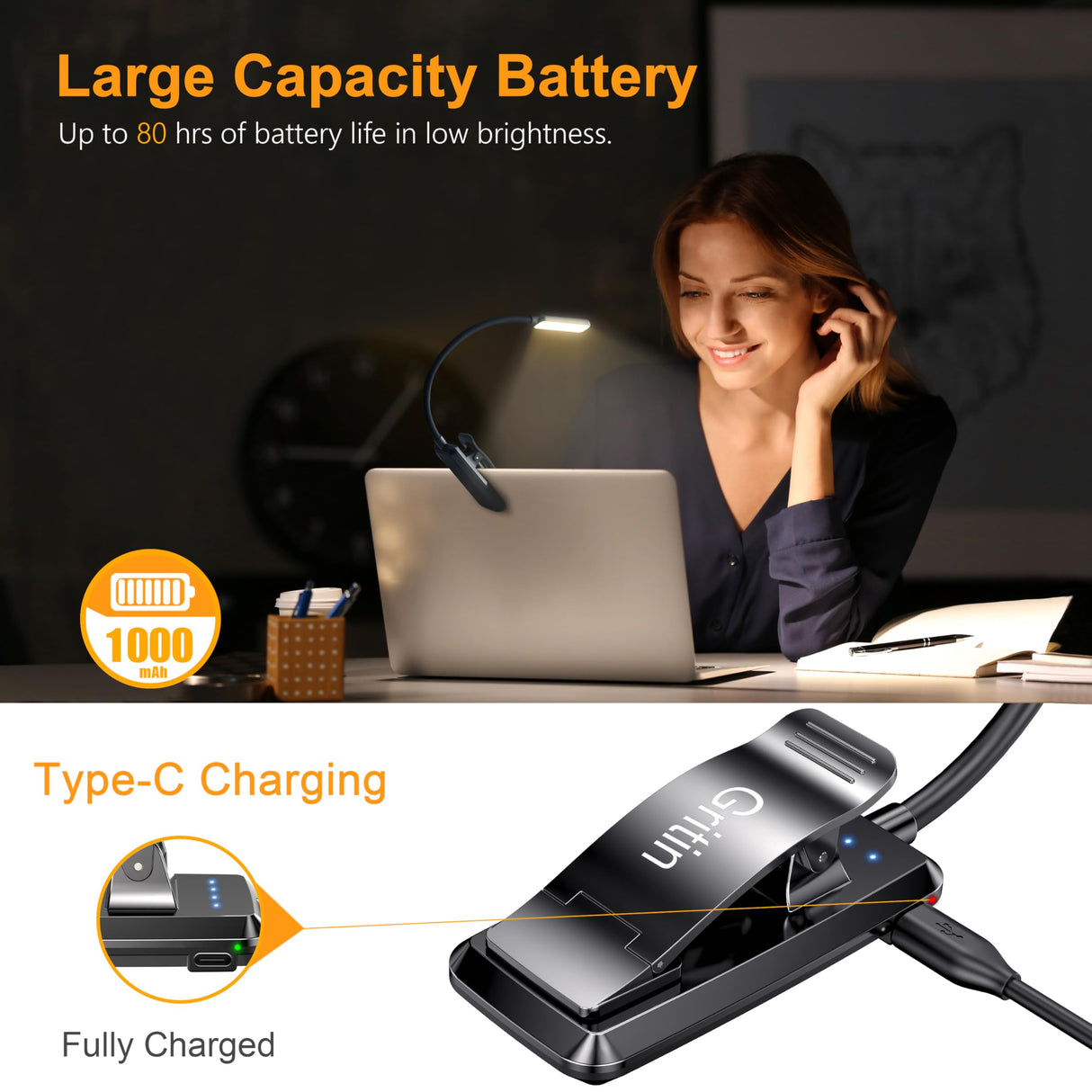 Gritin 9 LED Rechargeable Book Light for Reading in Bed - Eye Caring 3 Color Temperatures,Stepless Dimming Brightness,80 Hrs Runtime Small Lightweight Clip On Book Reading Light for Studying Gritin