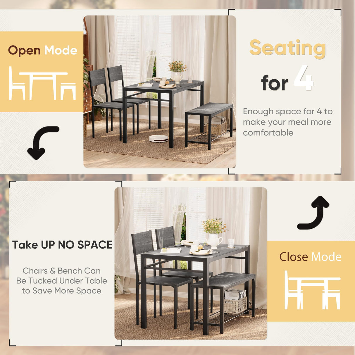 Shahoo Kitchen Table and 2 Chairs for 4 with Bench, 4 Piece Dining Sets for Small Space, Dark Grey Shahoo