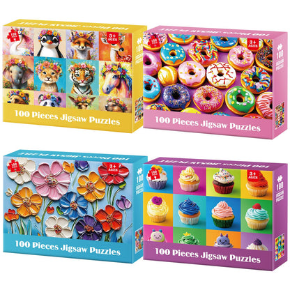 100 Piece Puzzles for Kids Ages 4-8 - Animal Portraits Donuts Puzzles for Kids Ages 8-10 Large Puzzles for Senior Jigsaw Puzzles for Kids Ages 6-8 Year Old Educational Puzzles Toys 4-Pack