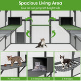 Lovinouse Large Wooden Outdoor Cat House, 57.2ft² Cat Run Enclosure Walk in Catio Kitten Condo with 2 Doors, 2 Playpen & Hiding Houses, Bridges, Walks, Roof Cover, Gray Lovinouse