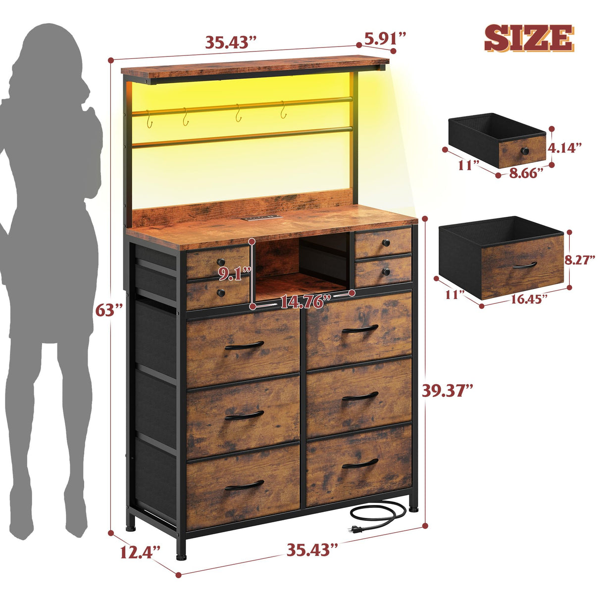 63" H Dresser for Bedroom with 10 Drawers, Fabric Dresser with Charging Station and LED Lights,Dressers & chests of Drawers with Open Shelves for Bedroom, Entryway, Rustic Brown EnHomee