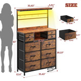 63" H Dresser for Bedroom with 10 Drawers, Fabric Dresser with Charging Station and LED Lights,Dressers & chests of Drawers with Open Shelves for Bedroom, Entryway, Rustic Brown EnHomee