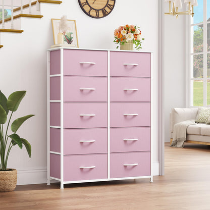 YITAHOME 10 Drawer Dresser - Fabric Storage Tower, Organizer Unit for Bedroom, Living Room, Hallway, Closets - Sturdy Steel Frame, Wooden Top & Easy Pull Fabric Bins, Pink