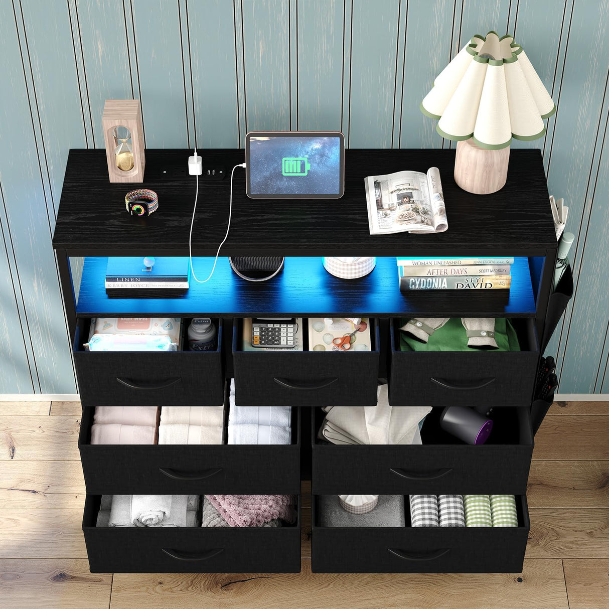 CollaredEagle 7 Drawer Dresser with Charging Station, TV Stand Fabric Storage Tower for Bedroom,Storage Drawers with LED, Wooden Top for TV up to 43 inch, for Bedroom, Living Room, Entryway, Black CollaredEagle