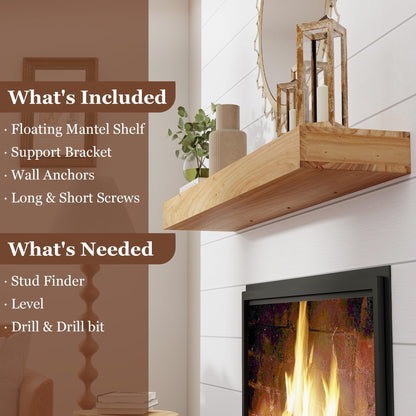 Axeman Fireplace Mantel | 48" W Elm Wood Floating Shelves | Handcrafted Hollow Distressed Beam | Wall Mounted Wooden Display Shelfing | with Invisible Heavy Duty Bracket | 48W x 3H x 8D